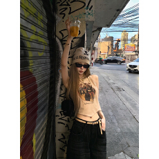 批发已出货 美式复古印花露背绑带吊带背心修身显瘦上衣夏