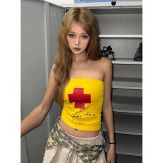 批发已出货 美式辣妹抹胸十字架印花多巴胺吊带修身显瘦无袖上衣