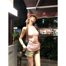 批发已出货 粉色背心女夏季新款圆领辣妹露背不规则小众设计上衣
