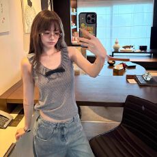 批发已出货 条纹花边领设计感蝴蝶结吊带背心<b class='q'>甜美</b>女夏季