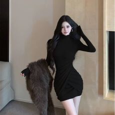 批发已出货 半高领交叉褶皱收腰连衣裙秋冬打底内搭<b class='q'>修身</b>显瘦包臀裙