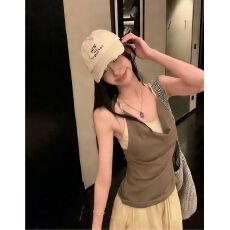批发已出货 撞色活力拼接荡领吊带背心纽结设计拼接挂脖背心上衣