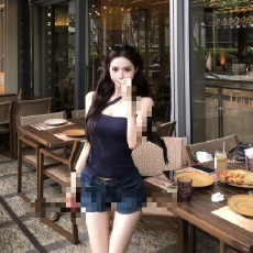 批发已出货 藏青色辣妹绑带单肩吊带背心女外穿纯欲内搭上衣