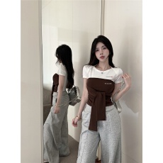 批发已出货 少女风撞色拼接设计感上衣女夏季前后绑带假两件短袖T恤