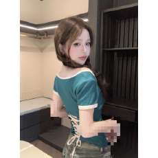 批发已出货 拼接短袖正肩T恤女夏季绑带露背修身设计感短款打底上衣