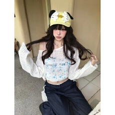 批发已出货 美式辣妹爵士罩衫印花斜肩长袖T恤