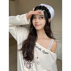 批发已出货 露肩长袖斜肩春夏宽松卡通印花T恤