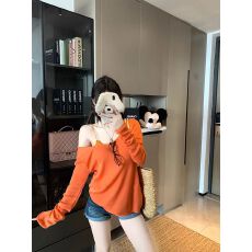 批发已出货 斜肩长袖T恤慵懒宽松防晒罩衫设计上衣