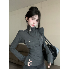 批发已出货 金属扣长袖T恤女秋季设计感小众辣妹气质内搭打底衫上衣