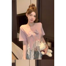 批发已出货 蕾丝拼接不规则假两件短袖t恤女夏辣妹短款绝美上衣