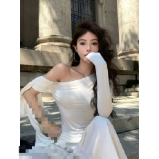 批发已出货 斜领露单肩长袖T恤修身显瘦内搭外穿飘带设计感上衣