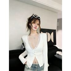 批发已出货 法式性感开衫纯色蕾丝V领上衣女ins