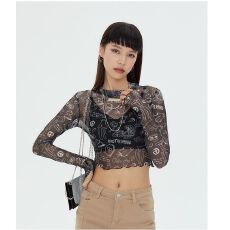 批发已出货 涂鸦印花网纱微透显瘦防晒衫打底衫叠穿内搭t恤上衣女