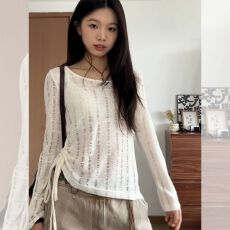 批发已出货 抽绳微透镂空设计感针织长袖防晒罩衫女日常休闲百搭上衣