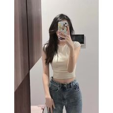 批发已出货 短袖女t恤甜辣短款设计感小众收腰紧身无袖修身上衣夏