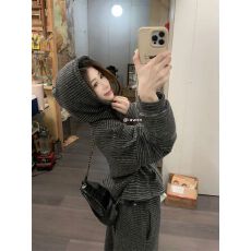 批发已出货 抓毛色织条 秋冬套装宽松连帽条纹<b class='q'>外套</b>阔腿裤长裤两件套