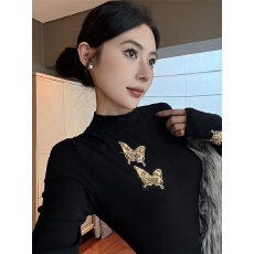 批发已出货 蝴蝶刺绣半高领长袖T恤磨毛加绒保暖打底衫上衣