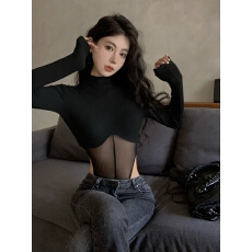 批发已出货 纯欲长袖T恤网纱拼接修身内搭设计感打底连体上衣