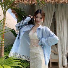 批发已出货 蕾丝拼接宽松长袖衬衫polo领设计感度假风小众上衣