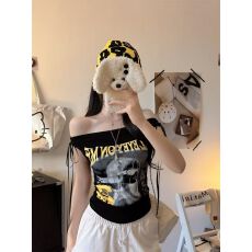 批发已出货 美式辣妹<b class='q'>印花</b>一字肩无袖背心女夏季收腰显瘦短款上衣