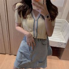 批发已出货 女<b class='q'>夏</b>季2026新款复古气质镂空撞色宽松短袖***风上衣