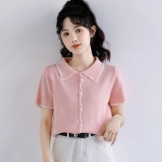 批发已出货 新款粉色polo翻领T恤女<b class='q'>夏</b>假开衫设计短袖冰丝针织衫上衣