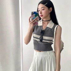批发已出货 韩版上衣女薄款条纹拼色外穿森系内搭Polo衫打底背心百搭