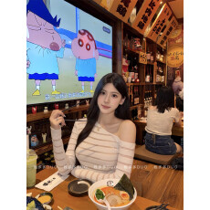 批发已出货 韩系透视条纹斜肩长袖针织衫2026春秋季<b class='q'>百搭</b>内搭打底上衣