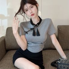 批发已出货 新中式国风盘扣流苏收腰正肩<b class='q'>短款</b>上衣甜辣短袖t恤潮款女