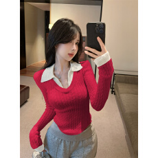 批发已出货 假两件Polo领<b class='q'>针织衫</b>女秋冬纯欲v领上衣<b class='q'>打底衫</b>麻花毛衣潮