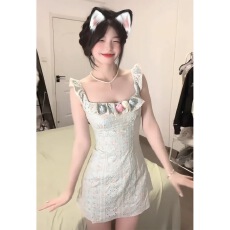 批发已出货 法式小飞袖连衣裙女镂空碎花初恋<b class='q'>甜美</b>夏季收腰包臀短裙