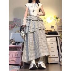 批发已出货 拼接格纹连衣裙女夏季气质设计感多层裙摆开叉蛋糕裙