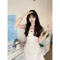 批发已出货 显瘦气质收腰粉色条纹学院风polo连衣裙子女夏2025新款