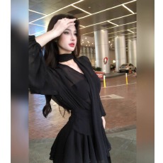 批发已出货 黑色飘带雪纺长袖连衣裙女装春季气质收腰a字短裙