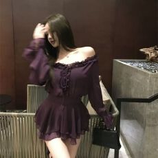 批发已出货 收腰显瘦气质衬衣设计感露肩小上衣一字领紫色长袖