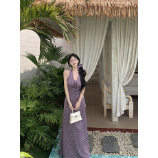 批发已出货 紫色波点露背挂脖连衣裙女夏季高级感修身裙子