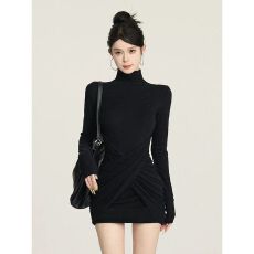 批发已出货 半高领交叉褶皱收腰连衣裙秋<b class='q'>冬</b>打底内搭修身显瘦包臀裙