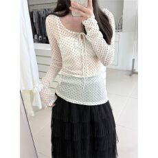 批发原版面料韩系蝴蝶结波点v领长袖t恤女早春季网纱纯欲微透<b class='q'>打底</b><b class='q'>上衣</b>