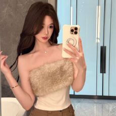 批发已出货 <b class='q'>欧美</b>ins风显贵毛毛拼接一字肩抹胸背心设计感露背修身上衣