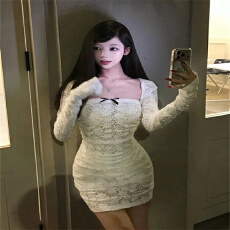 批发辣妹气质简约<b class='q'>长袖</b>罩衫女内搭蕾丝包臀<b class='q'>裙</b>两件套