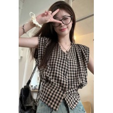 批发已出货 复古红色格子背心无袖衬衫女设计感小众夏季新款掐腰