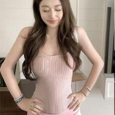 批发已出货 纯色u领坑条针织吊带背心女夏紧身别致显瘦外穿无袖上衣