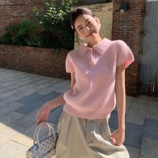 批发已出货 法式温柔风甜美气质polo领休闲短袖女夏季纯色软糯质感针