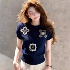 批发已出货 法式轻奢风印花设计感藏蓝色短袖针织衫女2026夏新款修身