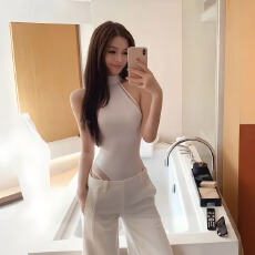 批发已出货 无袖挂脖吊带背心女夏季网纱拼接修身连体衣