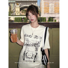 批发已出货 雪花棉美式重磅宽松t恤女夏涂鸦印花慵懒风短袖休闲圆领百