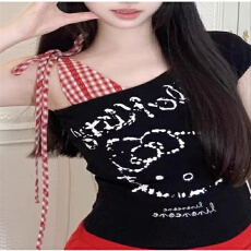 批发已出货 甜辣妹风格子拼接斜肩背心女装夏季复古卡通印花无袖上衣