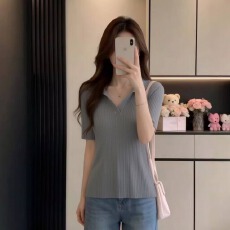 批发已出货 灰色v领短袖正肩t恤女夏季高级感修身显瘦小个子别致锁骨
