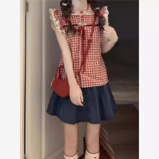 批发韩系格子衬衫女设计感<b class='q'>蕾丝</b>花边蝴蝶结小飞袖衬衫女