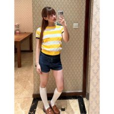 批发韩系撞色麻花条纹短袖针织衫T恤<b class='q'>女</b>夏季<b class='q'>新款</b>小众chic别致绝美上衣